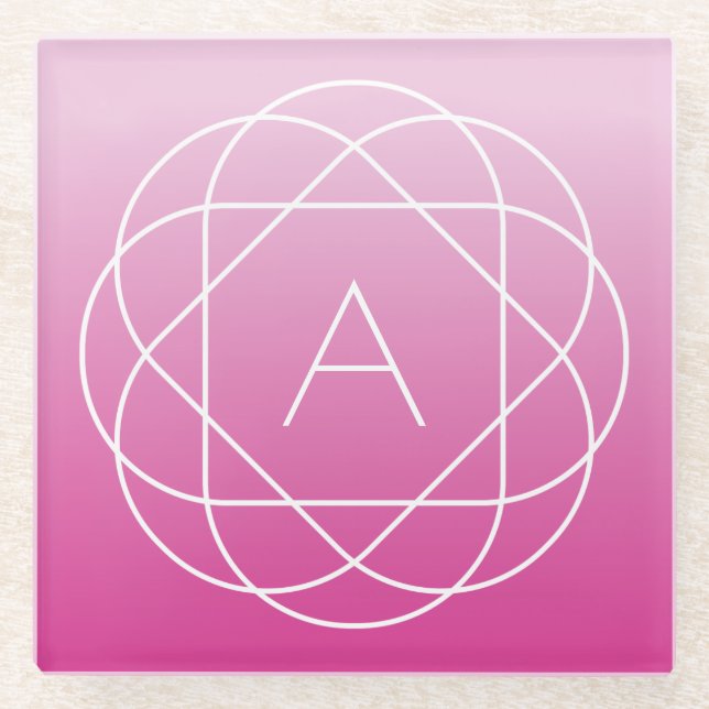 Flower-Like Geometric Monogram | Pink Shaded Ombre Glass Coaster (Front)