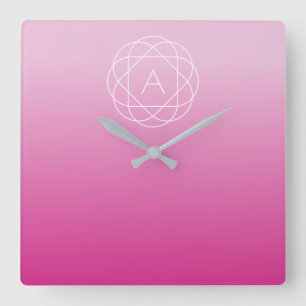 Flower-Like Geometric Monogram   Pink Shaded Ombre Square Wall Clock