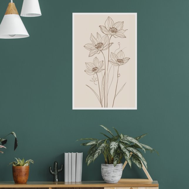 Flower Line Art - Elegant Beige Poster (Living Room 1)