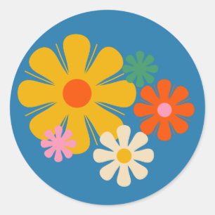 Flower Locus Reto 60s 70s Floral on Blue Card Classic Round Sticker