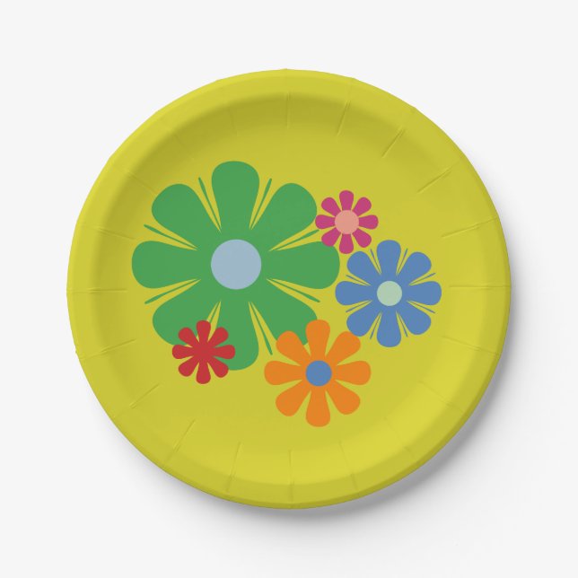 Flower Locus Retro 60s 70s Spring Floral Paper Plates (Front)