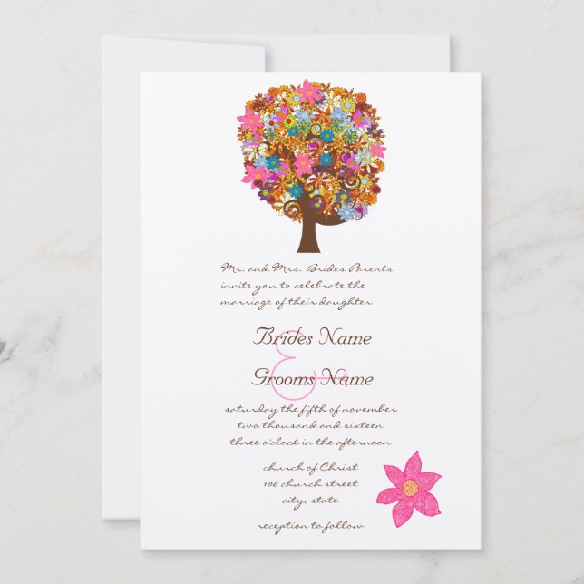 Flower Love Tree Pink Flower Wedding Invitations (Front)
