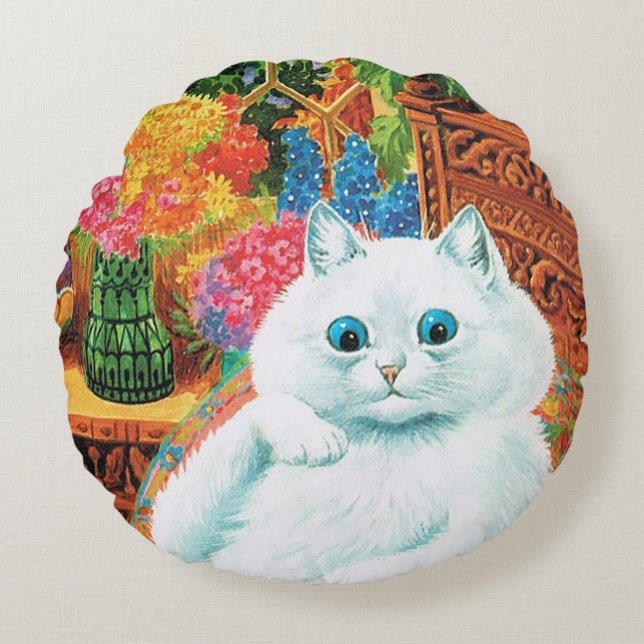Flower Lovers Cat, Louis Wain Round Pillow (Front)