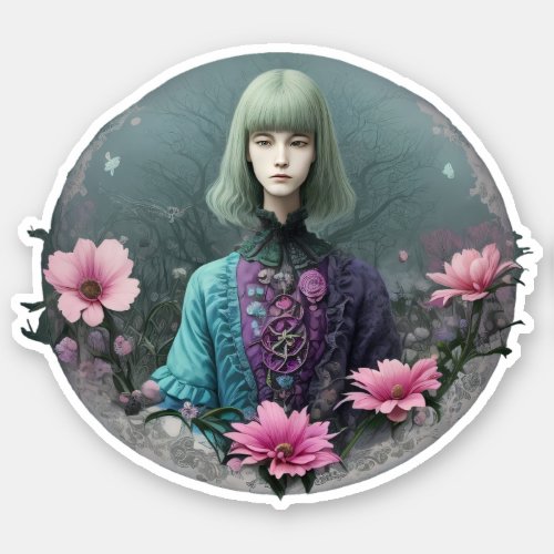 Flower Mage Girl _ Vintage Lady Portrait Sticker