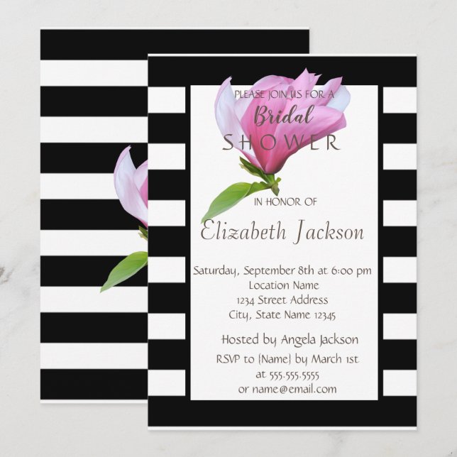 Flower,Magnolia Black White Stripes Bridal Shower Invitation (Front/Back)