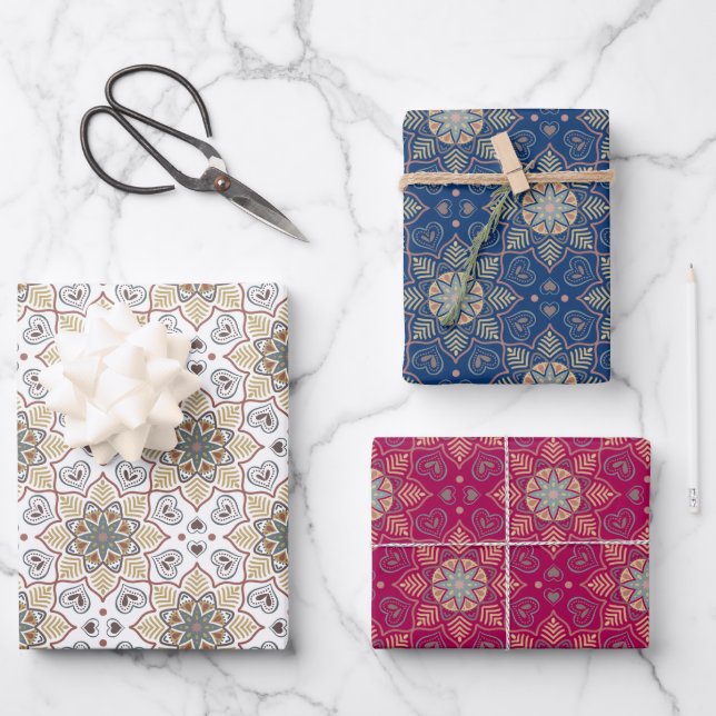 Flower Mandala Batik Pattern on White Blue Pink Wrapping Paper Sheets (Front)