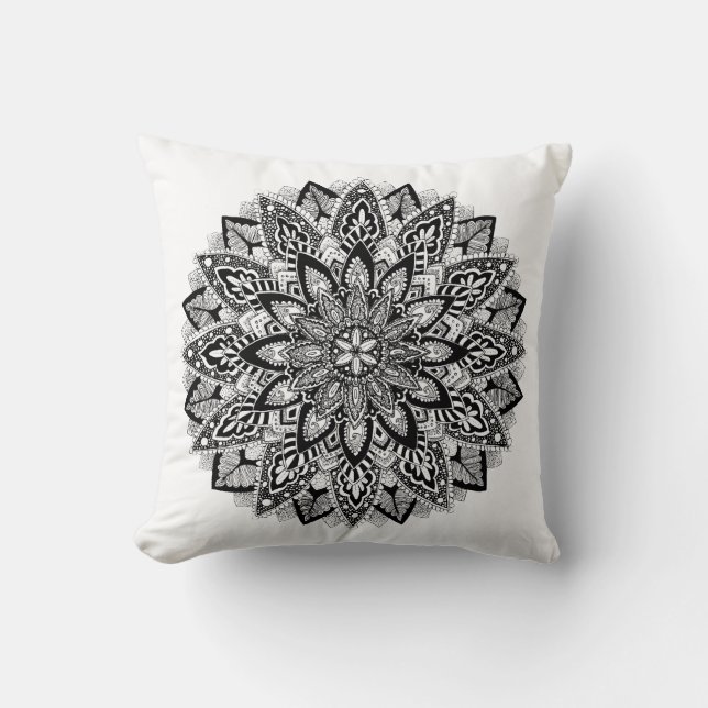 Flower Mandala black and white Throw Pillow (Front)