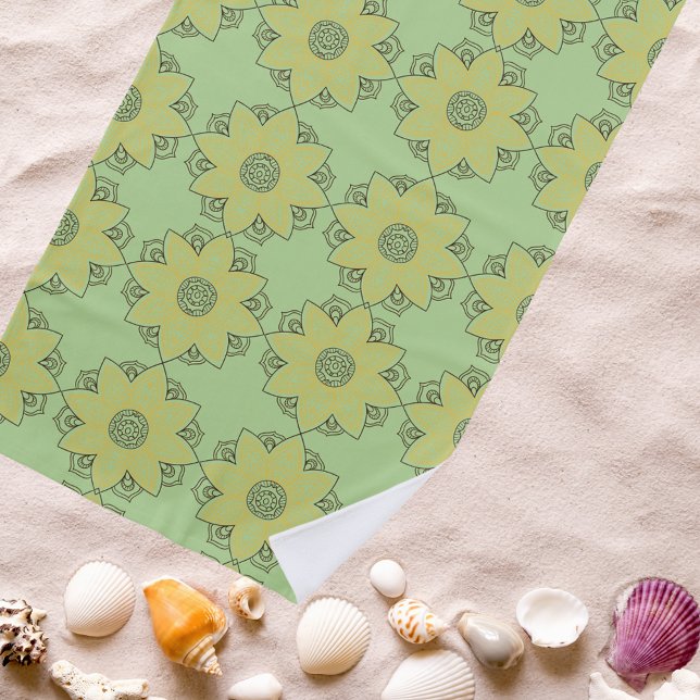 Flower Mandala Green & Yellow  Beach Towel (Creator Uploaded)