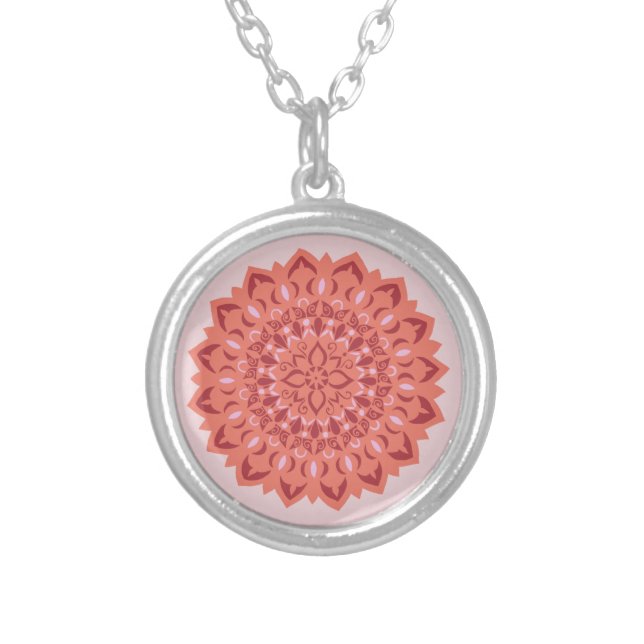 Flower Mandala Red Silver Plated Necklace (Front)