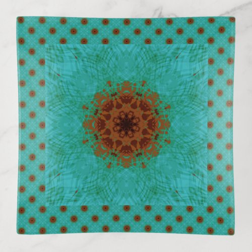 Flower Mandala Turquoise and Copper Brown Tile Trinket Tray