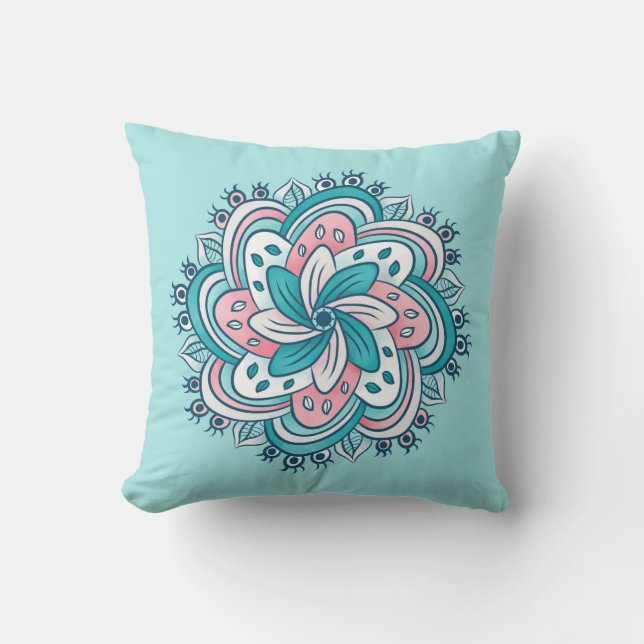 Flower Mandala With Funny Hidden Eyes Blue Kids Throw Pillow (Front)