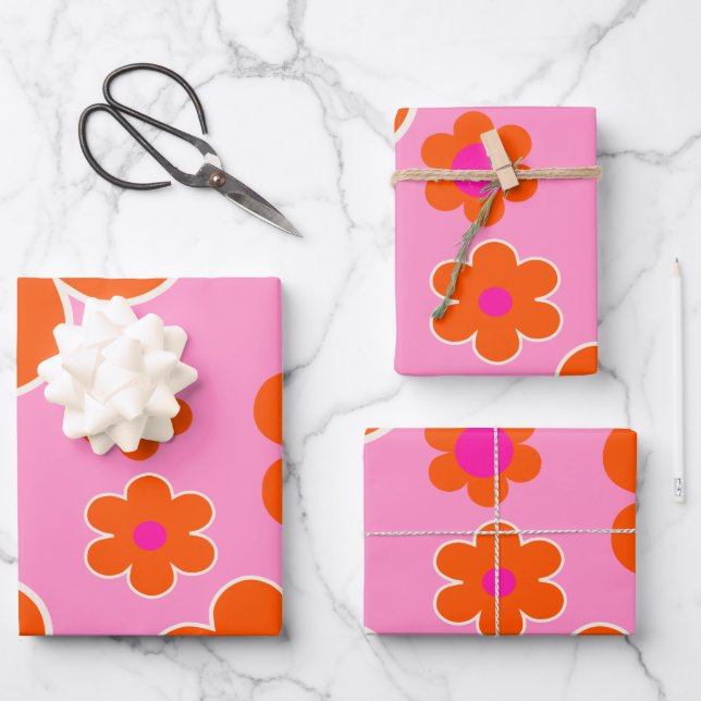 Flower Market Amsterdam Retro Flowers Pink Orange Wrapping Paper Sheets (Front)