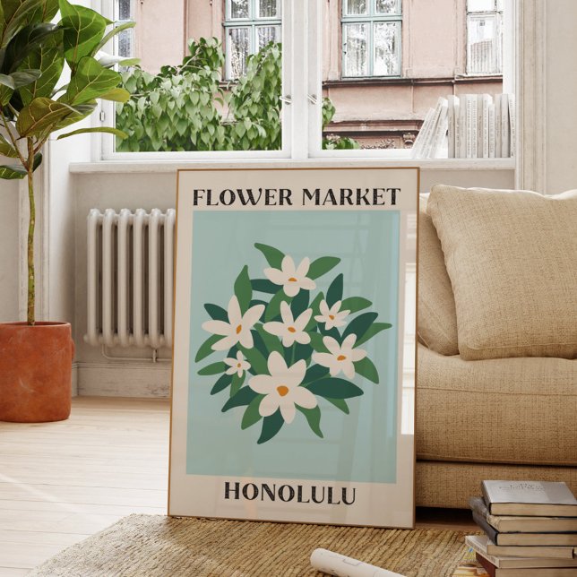Flower Market Honolulu White Jasmine Floral Poster (In situ Living room)