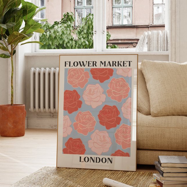Flower Market London Blush Pink Red Roses Floral Poster (In situ Living room)
