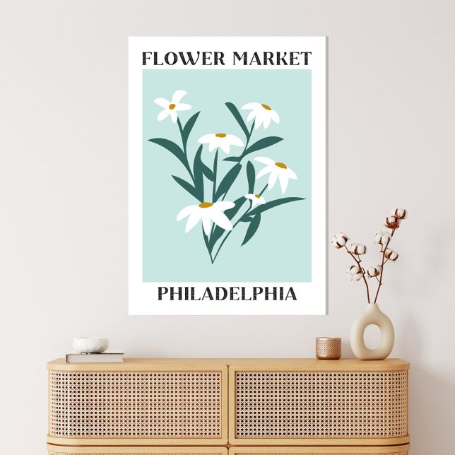 Flower Market Philadelphia White Daisy Floral Canvas Print (In situ boho interior)