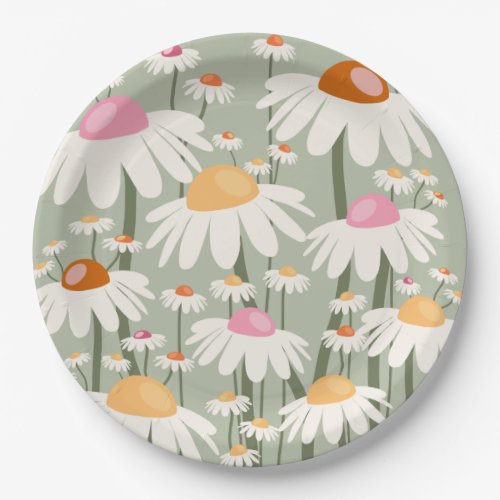 Flower Market Tokyo Retro Daisies Sage Green Paper Plates