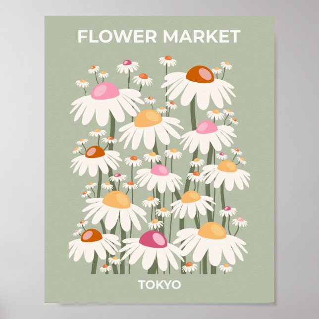 Flower Market Tokyo Retro Daisies Sage Green Poster (Front)