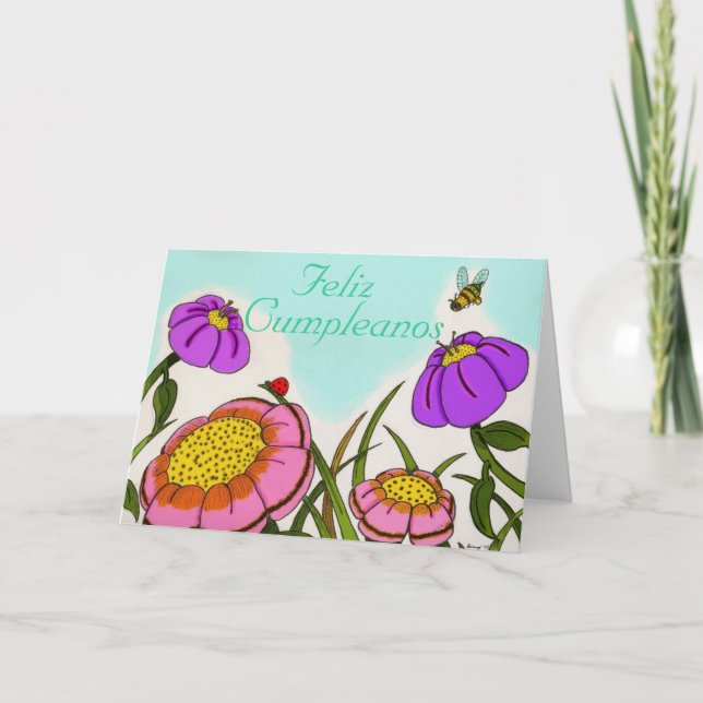 Flower Meadow "Feliz Cumpleanos" Birthday Card (Front)
