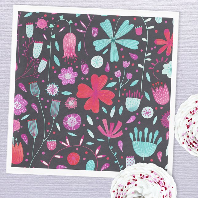 Flower Meadow Watercolor Dark Napkins (Modern dark floral watercolor paper napkins)