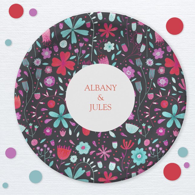 Flower Meadow Watercolor Dark Paper Plates (Dark boko floral personalized wedding celebration paper plate)