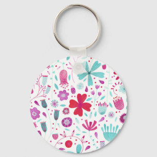 Flower Meadow Watercolor Teal Keychain