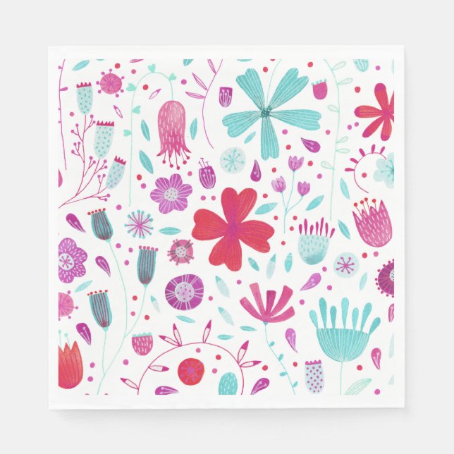 Flower Meadow Watercolor Teal Napkins (Front)