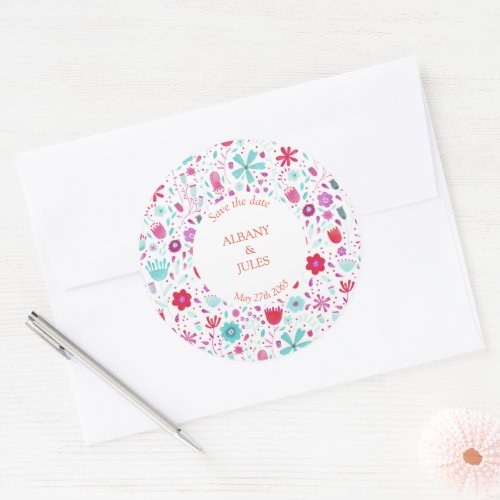 Flower Meadow Watercolor Teal Save the Date Classic Round Sticker