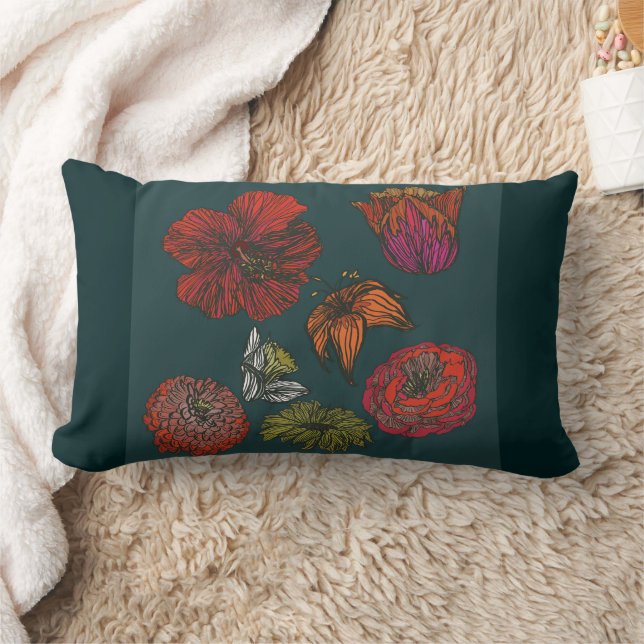 flower medley ii dark teal border and back lumbar pillow (Blanket)