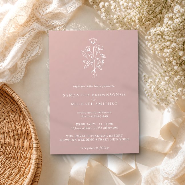Flower Minimal Botanical Blush Dusty Rose Wedding Invitation