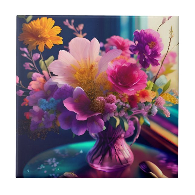Flower Mix Vase 1 Ceramic Tile (Front)