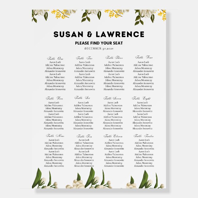 Flower Modern Wedding 12 Table Seating Chart Foam Board (Front)