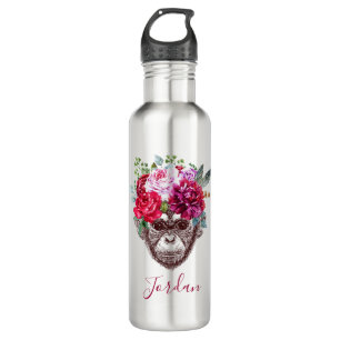 Flower Monkey Face   Add Your Name Stainless Steel Water Bottle