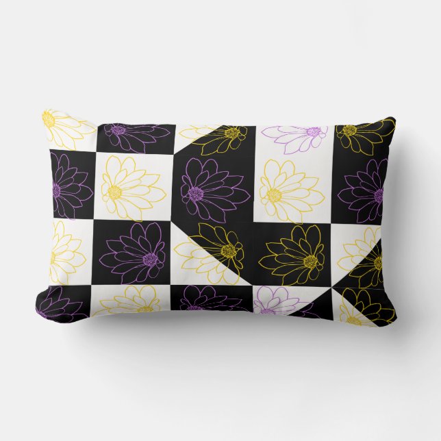 flower Monochrome Checker pattern Lumbar Pillow (Front)