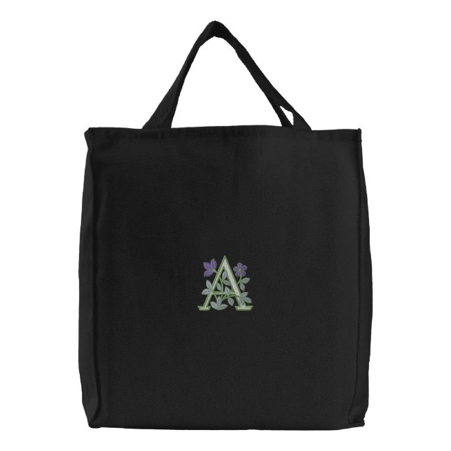 Flower Monogram Initial A Embroidered Tote Bag (Front)