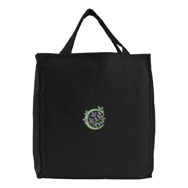 Flower Monogram Initial C Embroidered Tote Bag (Front)