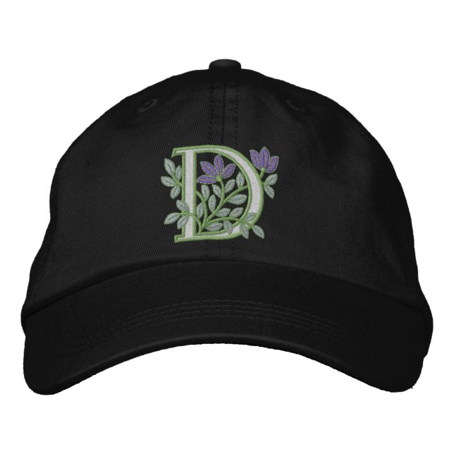 Flower Monogram Initial D Embroidered Baseball Hat (Front)
