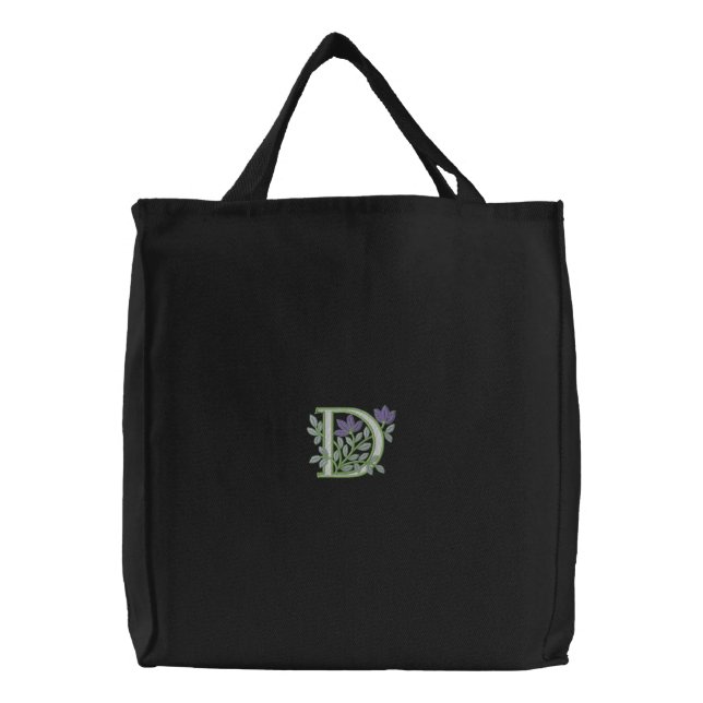 Flower Monogram Initial D Embroidered Tote Bag (Front)