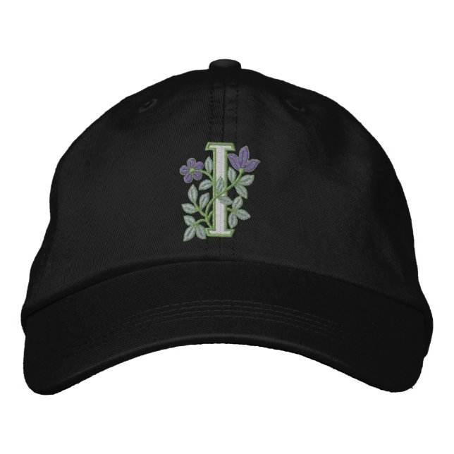 Flower Monogram Initial I Embroidered Baseball Hat (Front)