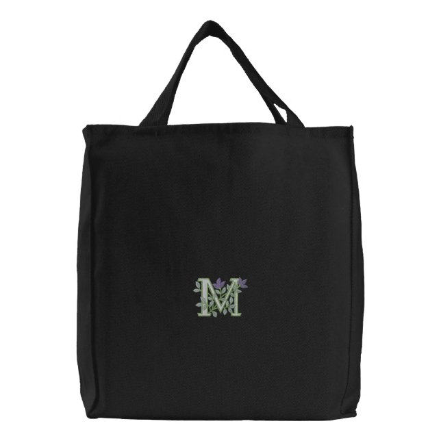 Flower Monogram Initial M Embroidered Tote Bag (Front)