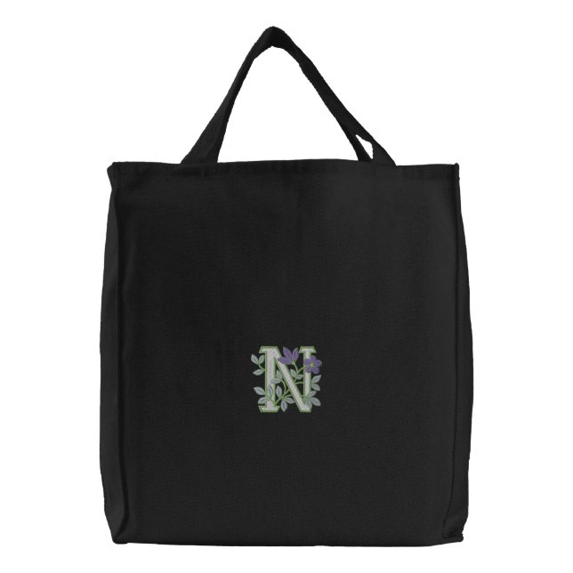 Flower Monogram Initial N Embroidered Tote Bag (Front)