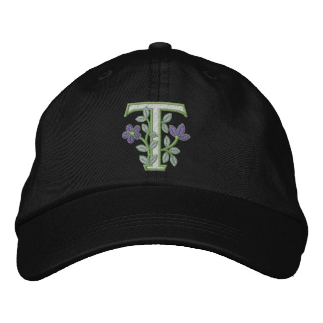 Flower Monogram Initial T Embroidered Baseball Hat (Front)