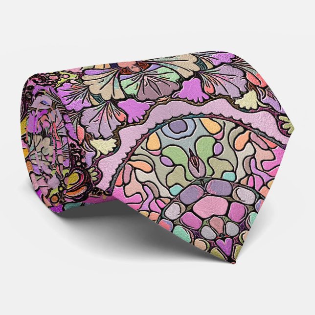 Flower mosaic pink pansy floral elegant neck tie (Rolled)