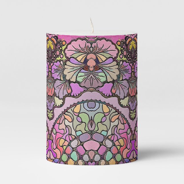 Flower mosaic pink pansy floral elegant pillar candle (Front)