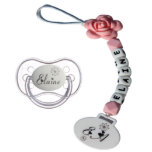 Flower, Name, and Monogram Design Pacifier and Cli<br><div class="desc">STYLE – Beaded MATERIALS – Nylon Cord, Food grade silicone beads BPA-FREE, plastic clip which is lead free and phthalate free. PERSONALIZATION– The personalization is engraved and is guaranteed not to fade. MADE IN USA – with imported materials. SAFETY CPSC TESTED AND CERTIFIED – Our pacifier clips here at precious...</div>