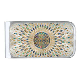 Flower of Life  - Abalone Shell and Pearl Silver Finish Money Clip