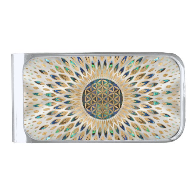 Flower of Life  - Abalone Shell and Pearl Silver Finish Money Clip (Front)