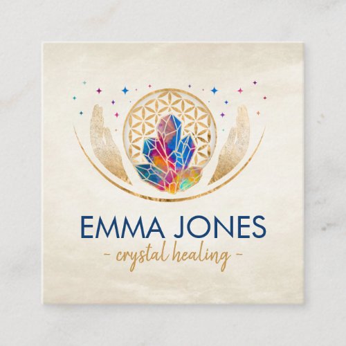 Flower of life and Healing Crystals Square Business Card