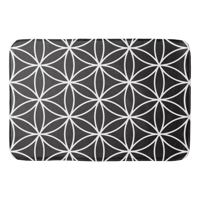Flower of Life Big Pattern – White on Black Bathroom Mat (Front)