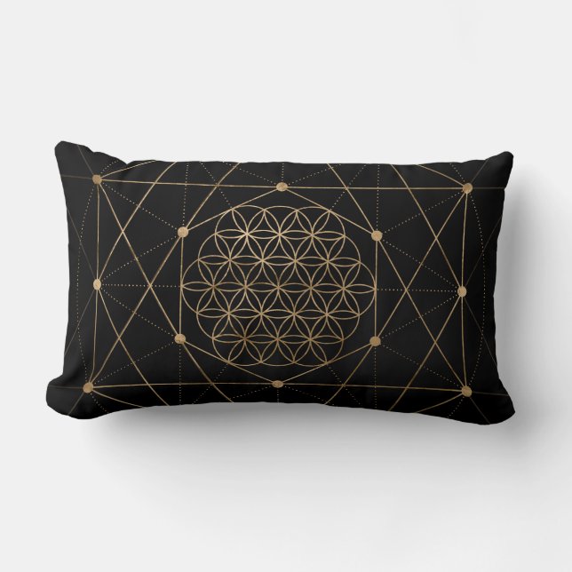 Flower of Life Black and Gold Lumbar Pillow (Front)
