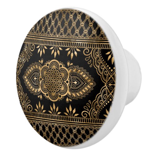 Flower of Life _ Black and Gold Ornament Ceramic Knob